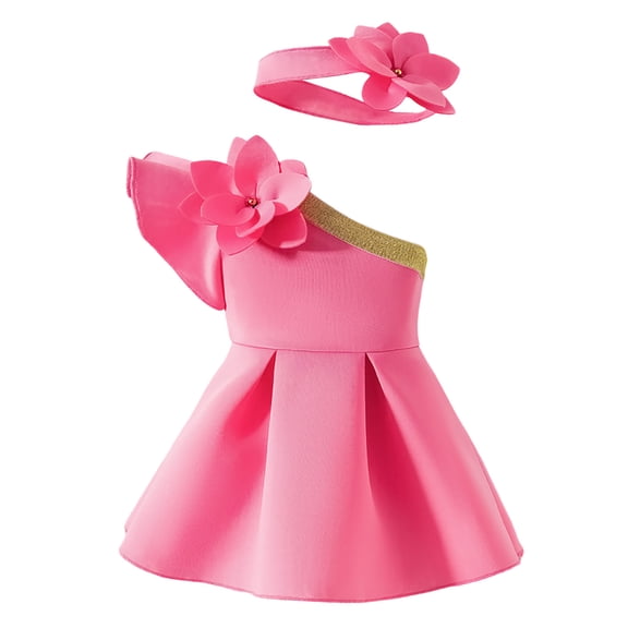 Huowey Girls' Ruffled Off Shoulder Sleeve Dress Floral Bow Headband Princess Party Set 2PC