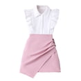 thumbnail image 1 of Huowey Girls School Uniform Stylish Skirts Outfit Solid Color Ruffles Sleeveless Button Down Shirt Tops High Waist Pleated Patchwork Bows Skirt Two Piece Summer Breathable Dailywear,Pink,11-12 Years, 1 of 9