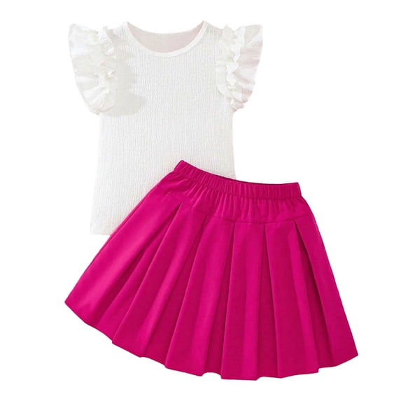 Huowey Girls School Uniform Stylish Skirts Outfit Solid Color Ruffles Sleeveless Crewneck Shirt Tops High Waist Pleated Patchwork Bows Skirt Two Piece Summer Breathable Dailywear,White,7-8 Years