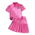 thumbnail image 1 of Huowey Girls School Uniform Stylish Skirts Outfit Solid Color Short Sleeve Polo Collar Tshirt Tops Elastic Waist Pleated Patchwork Bows Skirt Two Piece Summer Breathable Dailywear,Hot Pink,9-10 Years, 1 of 9