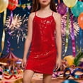 thumbnail image 1 of Huowey Girls Sequin Dress Adjustable Spaghetti Strap Solid Sparkly Midi Bodycon Party Gown Shiny Glitter Dancewear For Youth Teens,Red,10-11 Years, 1 of 4