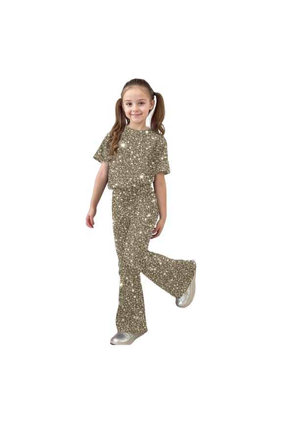 Girls Sequin Outfits Set Stylish Comfortable Short Sleeve Round Neck Casual Top Shirt Flared Pants Fashionable Suit Party Clothing Sets Spring Travel Clothes Tracksuit,Beige,7-8 Years
