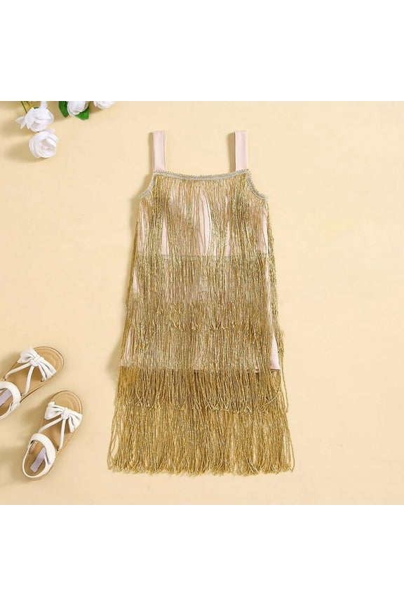 Girls Sequins Dress Fringe Latin Spaghetti Strap Solid Color Tassel Shiny Sparkly Jazz Tango Dance Dresses,Gold,7-8 Years