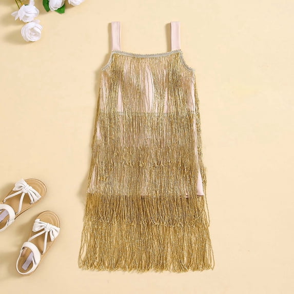Huowey Girls Sequins Dress Fringe Latin Spaghetti Strap Solid Color Tassel Shiny Sparkly Jazz Tango Dance Dresses,Gold,7-8 Years