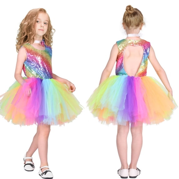 Huowey Girls Sequins Dress Sleeveless Round Neck Gradient Rainbow Tutu Dresses Party Gown Birthday Carnival Streetwear,Green,7-8 Years