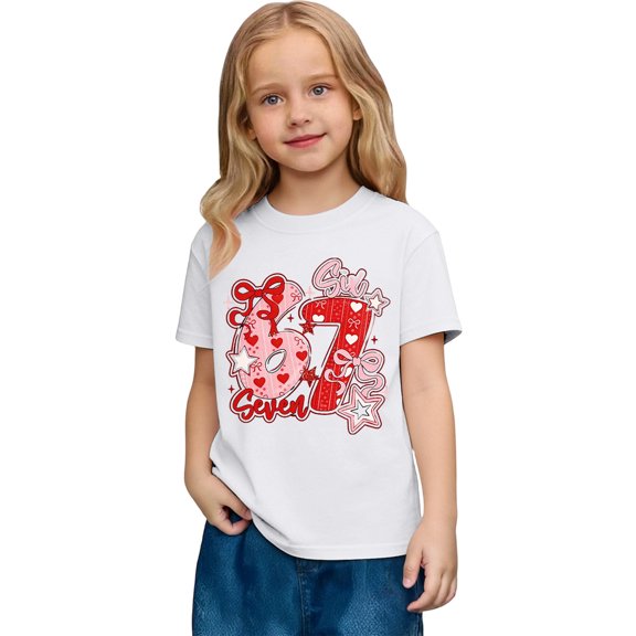Huowey Girls Shirt 67 Shirt Love Heart Letter Print Casual Short Sleeve T-Shirt Round Neck Loose Fit Comfortable Playwear Cute Tops,White,10-11 Years