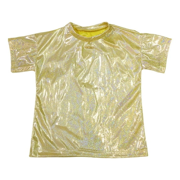 Huowey Girls Shirts Sparkling Sequins Dance Shirt Crewneck Short Sleeve Top Loose Fit Stylish Performance Stage Streetwear Spring Fall Clothing,Gold,16-17 Years