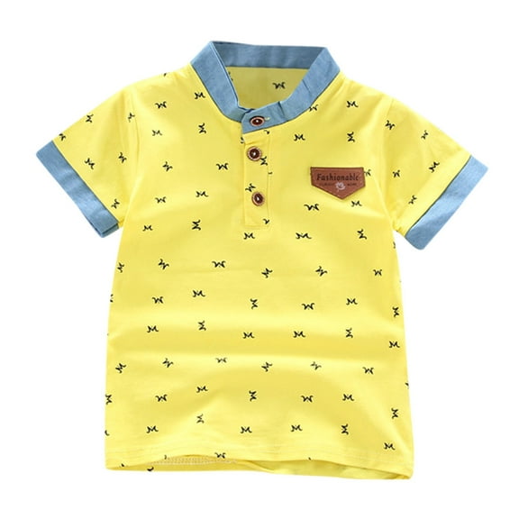 Huowey Girls Shirts Stand Collar Button Cute Cartoon Print Short Sleeve Tee Top Stylish Gentleman Shirts Soft Fall Clothes,Yellow,3-4 Years