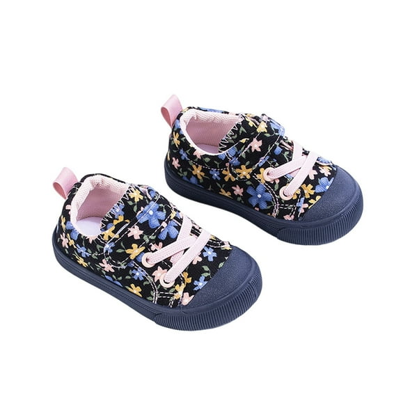 Huowey Girls Shoes Cute Low-Top Canvases Hook And Loop Closure Soft Sole Sneakers With Flora Print Slip On Wide Toe Comfort Walking Walker Shoe,Black,15-18M
