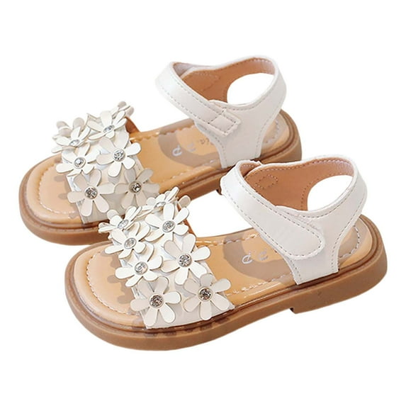 Huowey Girls Shoes Open Toe Princess Flat Sandals Comfortable Adjustable Hook And Loop Strap Casual Summer Outdoor Play Shoes Soft Sole Flip-Flops,Beige,4.5-5 Years