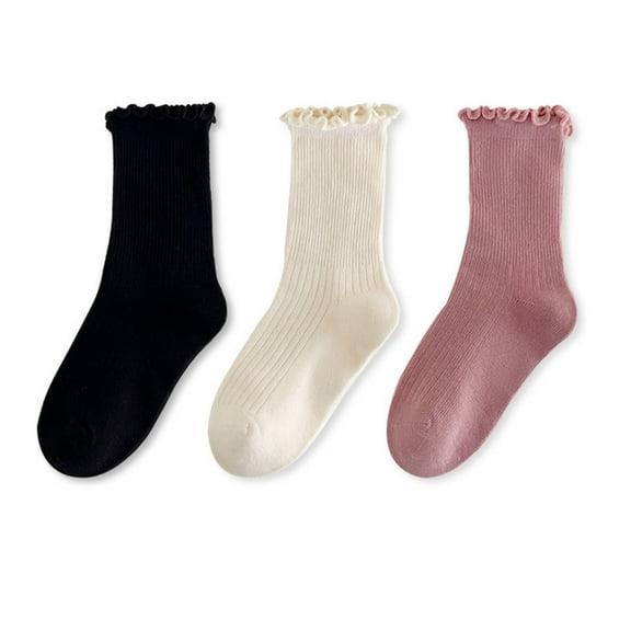 Huowey Girls Socks 3 Pairs Soft Cotton Crew Socks Solid Color With Lettuce Trim Comfortable For Summer Socks,Black,6-8 Years
