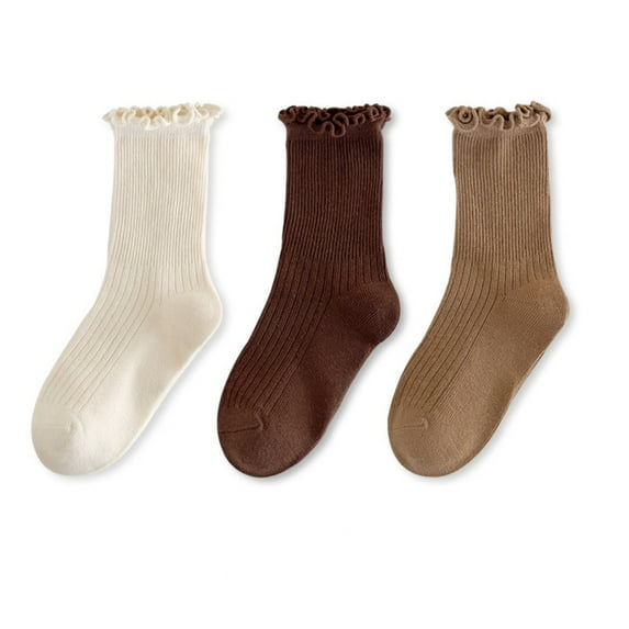 Huowey Girls Socks 3 Pairs Soft Cotton Crew Socks Solid Color With Lettuce Trim Comfortable For Summer Socks,White,1-3 Years