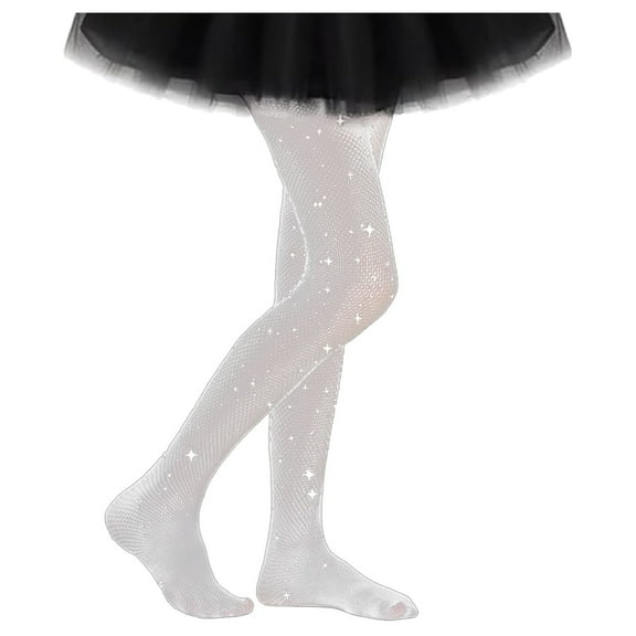 Huowey Girls Socks Tights Fishnet Black Glitter High Waist Hollow Out Slim Fit Rhinestone Fishnets Tights Stockings Party Pantyhose,White,L