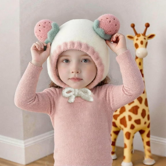 Huowey Girls Soft Winter Hat Fuzzy Thinck Thermal Adorable Fruit Ears Cozy Cap Earflaps Christmas Cap Outdoor Playwear,Light Pink,3-8 Years