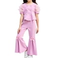 thumbnail image 1 of Huowey Girls Spring Summer Outfits Short Puff Sleeve Button Down Solid Color Crop Top Flared Pants Ruffled Wide Leg 2 Piece Clothes Sets Party Performance Formal Dailywear,Pink,6-7 Years, 1 of 9