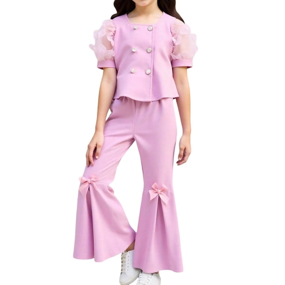 Huowey Girls Spring Summer Outfits Short Puff Sleeve Button Down Solid Color Crop Top Flared Pants Ruffled Wide Leg 2 Piece Clothes Sets Party Performance Formal Dailywear,Pink,6-7 Years