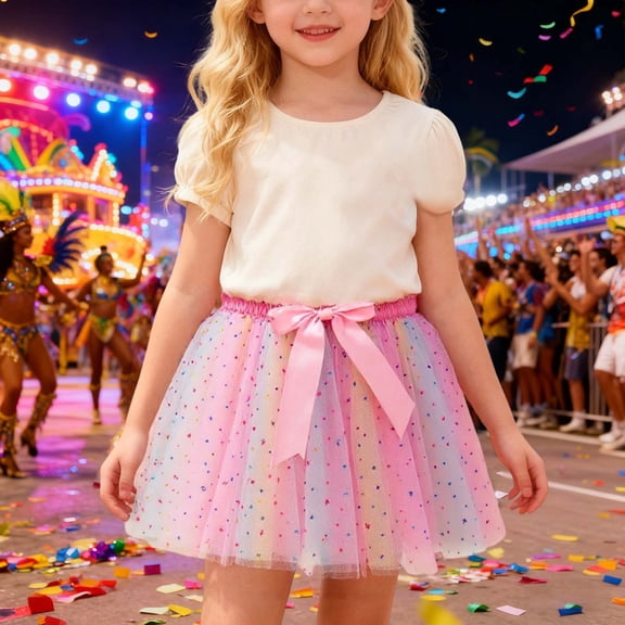 Huowey Girls Star Tutu Skirt Rainbow Sequin Cute Bow Elastic Waist Layered Dance Performance Party Soft Mesh Skirts,Pink,5-8 Years