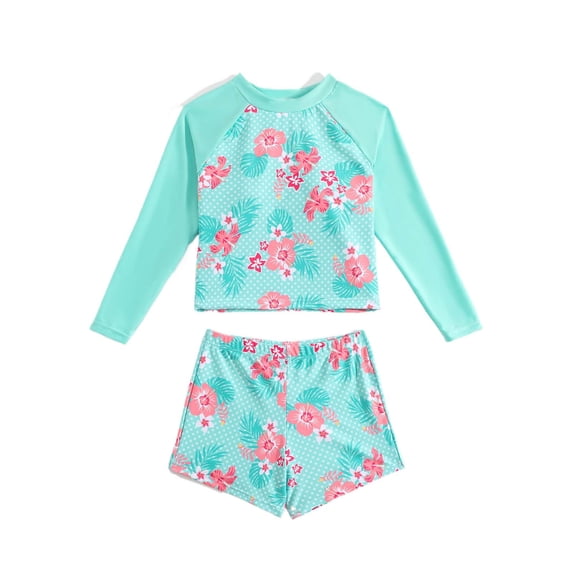Huowey Girls Stylish Two Piece Swimwear Rash Guard Long Sleeve Raglan Sleeve Crewneck Tops Fashionable Swimsuit Floral Print Shorts Comfortable Fit Swimming Beach Pool Swimsuits,Green,12-13 Years