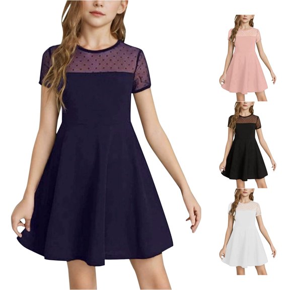 Huowey Girls Summer Dress Fashion Lace Mesh Patchwork Crewneck High Waist Pleated Casual Polka Dot Puffy Short Sleeve A-Line Dress For Party Birthday Vacation Beach Dailywear,Dark Blue-c,16 Years