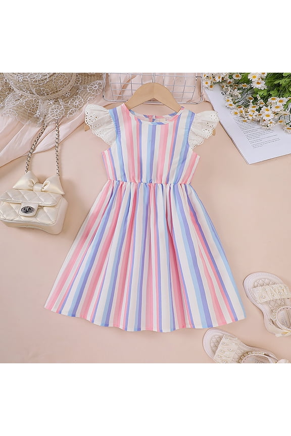 Girls Summer Dresses Casual Classic Lace Trim Ruffles Sleeveless Floral Print Rainbow Colorful Stripe Sundress High Waist Fashionable Breathable School Uniform Dailywear,Pink,5-6 Years