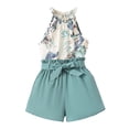 thumbnail image 1 of Huowey Girls Summer Outfit Floral Print Sleeveless Halter Neck Tan Top Elastic Waist Cute Bow Shorts Two Piece Fashion Cozy Breathable Clothes Set Vacation Dailywear,Sky Blue,12Y, 1 of 9