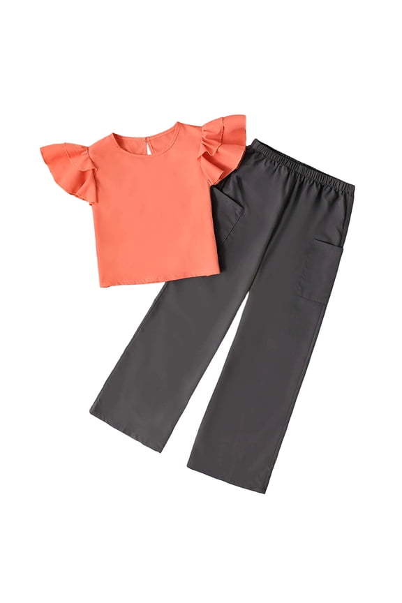Girls Summer Outfit Ruffles Fly Sleeve Solid Color Round Neck T Shirt High Waist Straight Leg Cargo Pants With Pockets Two Piece able Clothing Set For Toddler Kids,Pink,9-10 Years