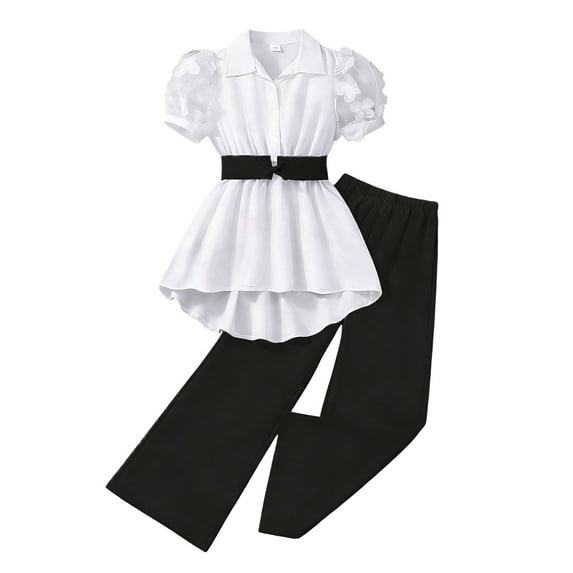 Huowey Girls Summer Outfit Solid Color Short Puff Sleeve Button Bown High Low Turndown Collar Shirt Straight Leg Trousers Two Piece Casual Stylish Clothing Set Fashion Streetwear,Black,11-12 Years