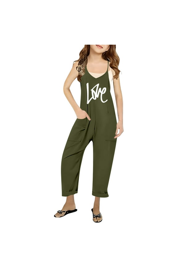 Girls Summer Print V Neck Sleeveless Romper Loose Fit Casual Jumpsuit with Pockets for Teens and Juniors Lightweight and Comfortable