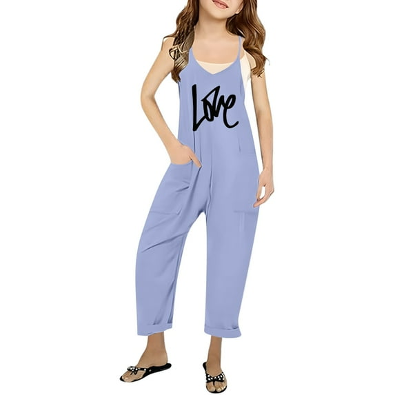 Huowey Girls Summer Print V Neck Sleeveless Romper Loose Fit Casual Jumpsuit with Pockets for Teens and Juniors Lightweight and Comfortable