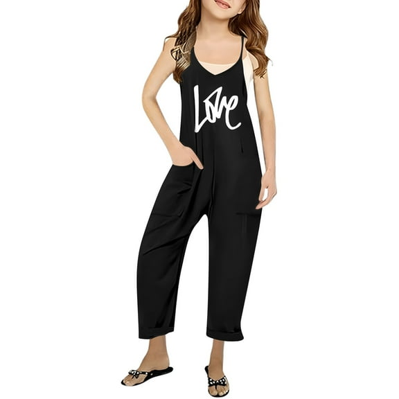 Huowey Girls Summer Print V Neck Sleeveless Romper Loose Fit Casual Jumpsuit with Pockets for Teens and Juniors Lightweight and Comfortable