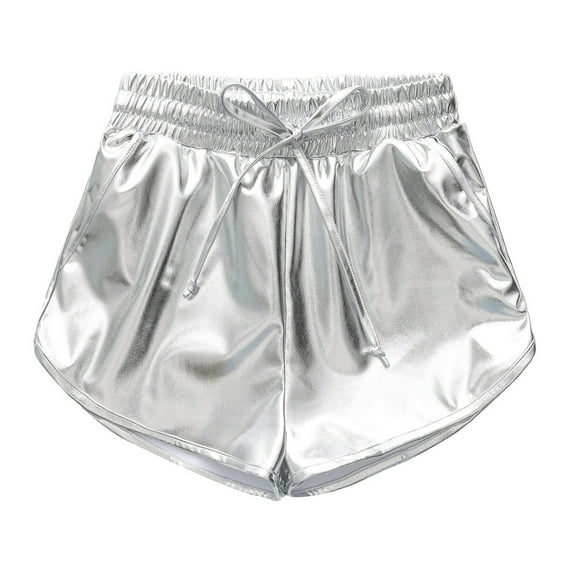 Huowey Girls Summer Sequin Shorts Sparkly Shiny Solid Color Drawstring Elastic Waist Dancewear Wide Leg Short Trousers Athletic Gymnastics Performance Party Dailywear,Silver,9-10 Years