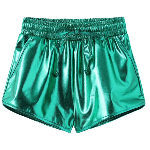 Huowey Girls Summer Sequin Shorts Sparkly Shiny Solid Color Drawstring Elastic Waist Dancewear Wide Leg Short Trousers Athletic Gymnastics Performance Party Dailywear,Green,4-5 Years