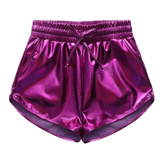 Huowey Girls Summer Sequin Shorts Sparkly Shiny Solid Color Drawstring Elastic Waist Dancewear Wide Leg Short Trousers Athletic Gymnastics Performance Party Dailywear,Purple,6-7 Years