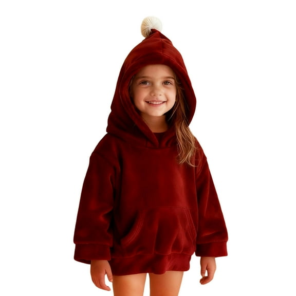 Huowey Girls Sweatshirt Xmas Solid Color Pullover Hoodie With Pompom Leisure Loose Fit Sweatshirt Top Outerwear Fashion Outwear Clothing,Red,18-24 Months