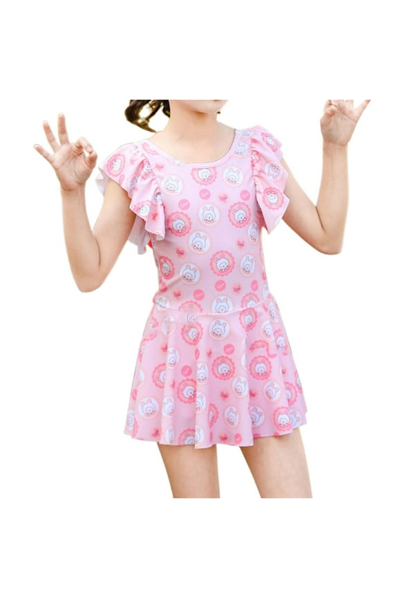 Girls Swim Dress One-Piece Swimsuit Ruffles Sleeveless Round Neck Floral Print High Waist A-Line Dresses Upf 50+ Beach Pool Vacation Clothes Sets Swimming Suits,Red,L