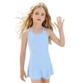 thumbnail image 1 of Huowey Girls Toddler Swim Dress One-Piece Swimsuit Ruffles Sleeveless Round Neck Solid Colro High Waist A-Line Dresses Upf 50+ Beach Pool Vacation Clothes Sets Swimming Suits,Light Blue,6-7 Years, 1 of 7