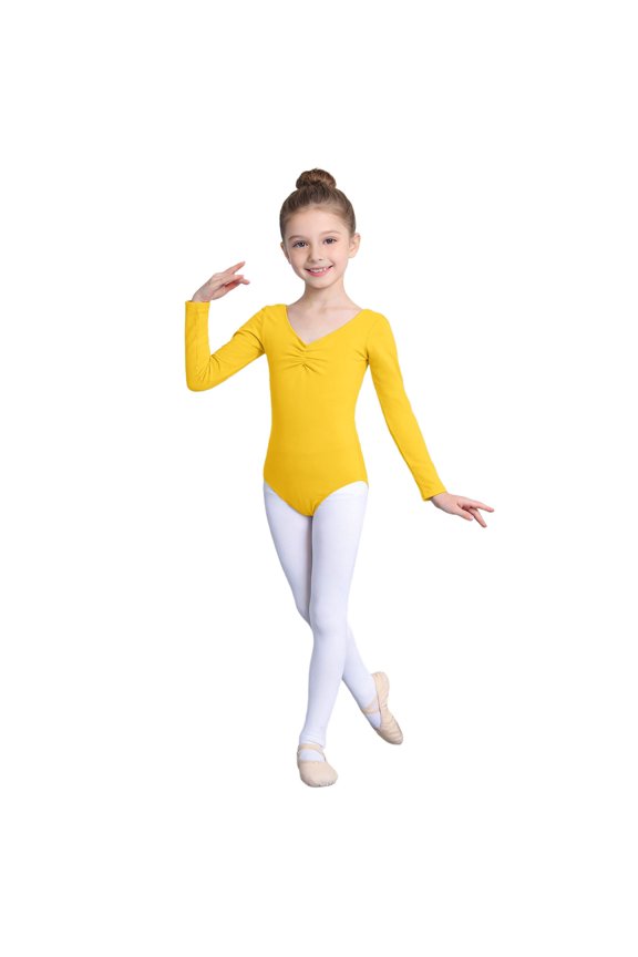 Girls Teens Dancewear Jumpsuit Long Sleeve Ruched V-Neck Slim Fit Ballet Romper Performances Soft Comfortable Stretch Solid Color Bodysuit Cozy Dance Outfits,Yellow,4-5 Years