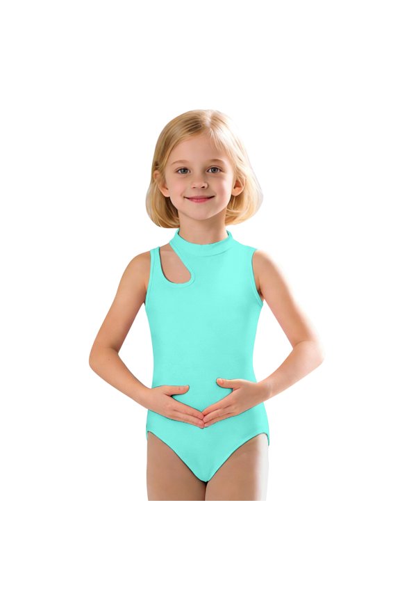 Girls Teens Dancewear Jumpsuit Sleeveless Asymmetrical Mock Neck Slim Fit Ballet Romper Performances Soft Comfortable Stretch Solid Color Bodysuit Cozy Dance Outfits,Green,3-4 Years