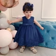 thumbnail image 1 of Huowey Girls Toddler Baby Ball Gowns Floral Pattern Dresses Elegant Cute Bow Ruffles Pleated Crewneck Sleeveless Maxi Dress Sparkly Fairy Tiered Layered Tutu Tulle Dress,Dark Blue,6-12 Months, 1 of 4