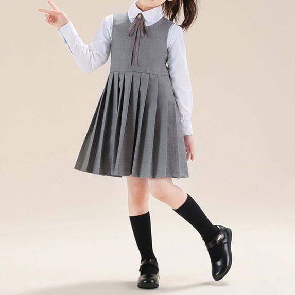 Huowey Girls Toddler Back To School Dress Casual Uniform Pinafore Dress Spring Summer Solid Color Pleated Round Neck Sleeveless High Waist Zip Up Stylish Classic Soft Clothes,Grey,6-7 Years