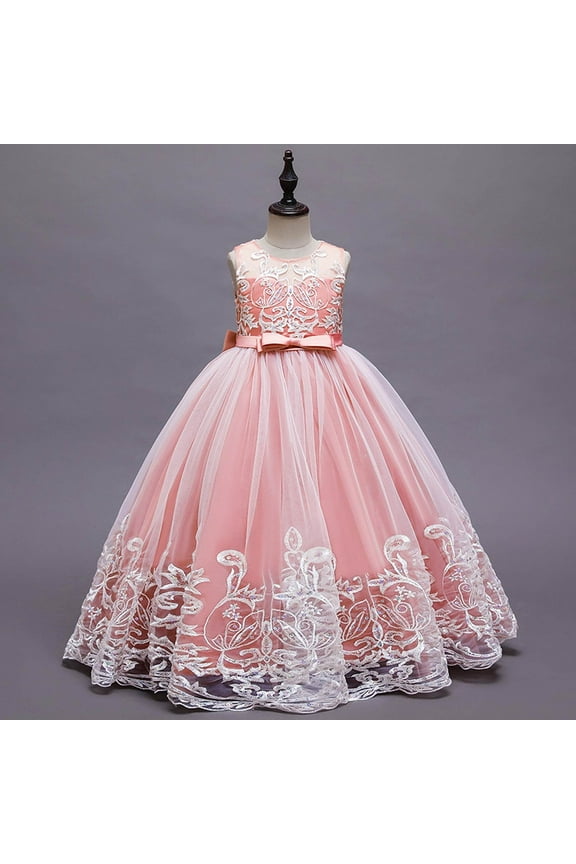 Girls Toddler Birthday Formal Ball Gowns Maxi Dresses Elegant Lace Floral Embroidery Crewneck Sleeveless High Waist Fairy Tiered Layered Full Length Tutu Tulle Dress For Wedding,Pink,160