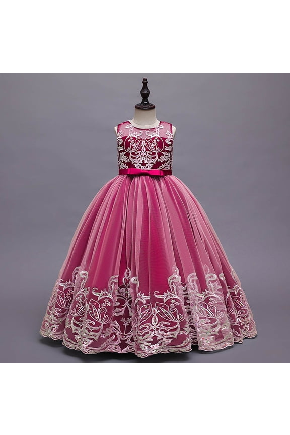 Girls Toddler Birthday Formal Ball Gowns Maxi Dresses Elegant Lace Floral Embroidery Crewneck Sleeveless High Waist Fairy Tiered Layered Full Length Tutu Tulle Dress For Wedding,Hot Pink,130