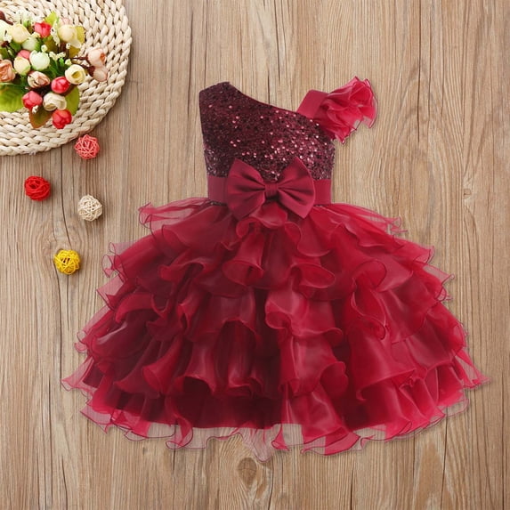 Huowey Girls Toddler Birthday Party Formal Dresses Elegant Lace Floral Embroidery Crewneck Sleeveless Maxi Dress Sparkly Sequins Glitter Fairy Tiered Layered Tutu Tulle Ball Gowns,Brick Red,7-8 Years