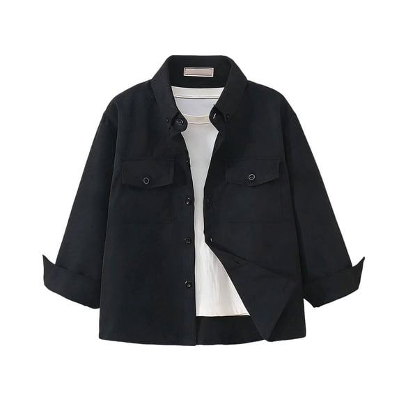 Huowey Girls Toddler Child Shirts Solid Color Button Down Long Sleeve Front Pockets Gentleman Lapel Collared Tops Elegant Fashionable Breathable Cozy Spring Dailywear,Black,7-8 Years