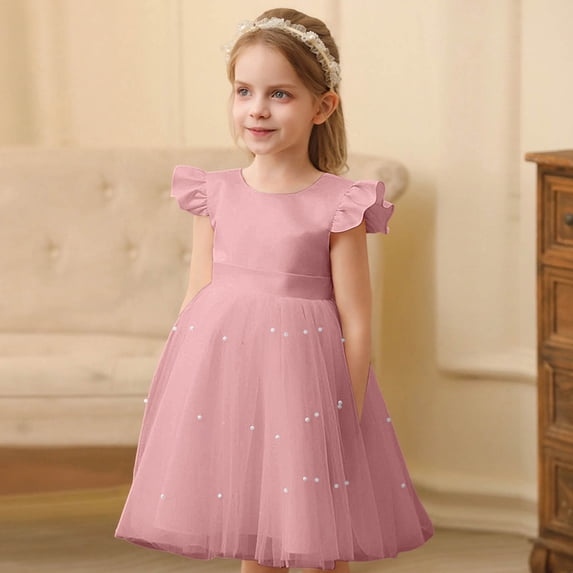 Huowey Girls Toddler Gown Party Formal Dress Ruffled Sleeveless Solid Color Crewneck High Waist Stylish Tiered Layered Mesh Tutu Midi Dress Birthday Wedding Comfy Elegant Clothes,Pink,6-7 Years