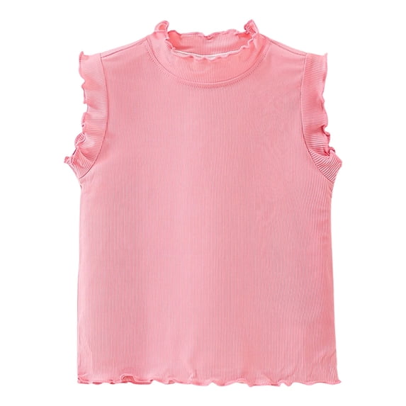 Huowey Girls Toddler Ribbed Knit Tank Top Shirts Solid Color Ruffles Trim Sleeveless Top Neck Lightweight Summer Vest Basic Tee Tops Blouses Stylish Soft Shirts,Pink,5-6 Years
