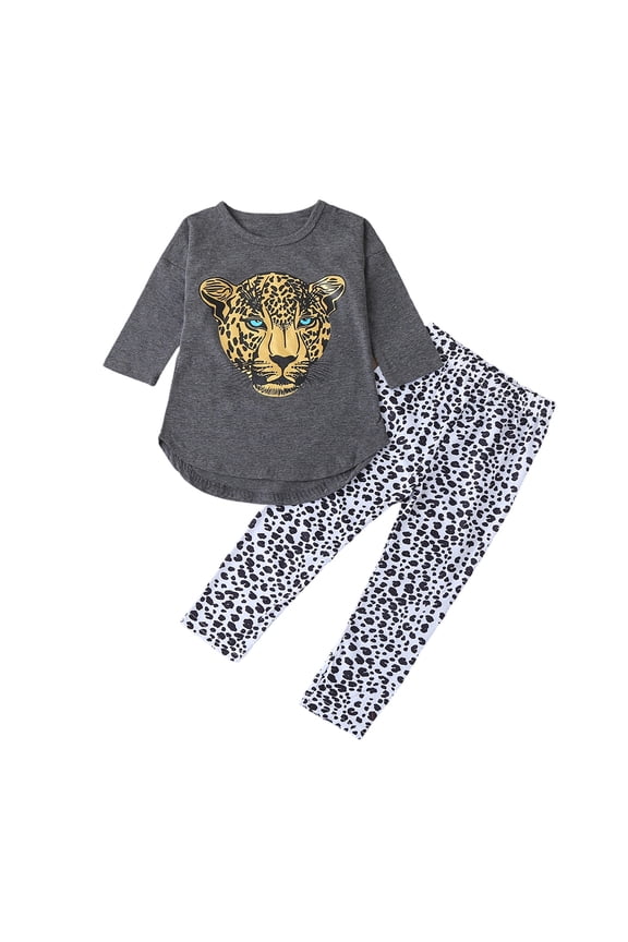 Girls Toddler Tracksuit Cute Animal Pattern Crewneck Half Sleeve Top Shirts Leopard Pattern Pants Casual Outfit For Toddler Spring Two Piece Clothes Sets,Grey,4-5 Years