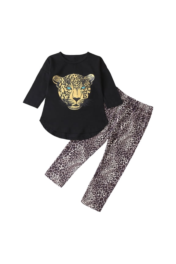 Girls Toddler Tracksuit Cute Animal Pattern Crewneck Half Sleeve Top Shirts Leopard Pattern Pants Casual Outfit For Toddler Spring Two Piece Clothes Sets,Black,6-7 Years