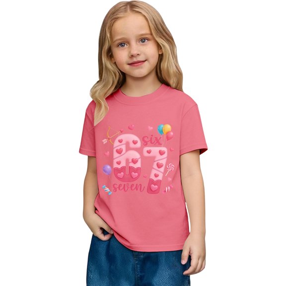 Huowey Girls Tops 67 Shirt Love Heart Letter Print Casual Short Sleeve T-Shirt Round Neck Loose Fit Comfortable Playwear Cute Tops,Pink,2-3 Years