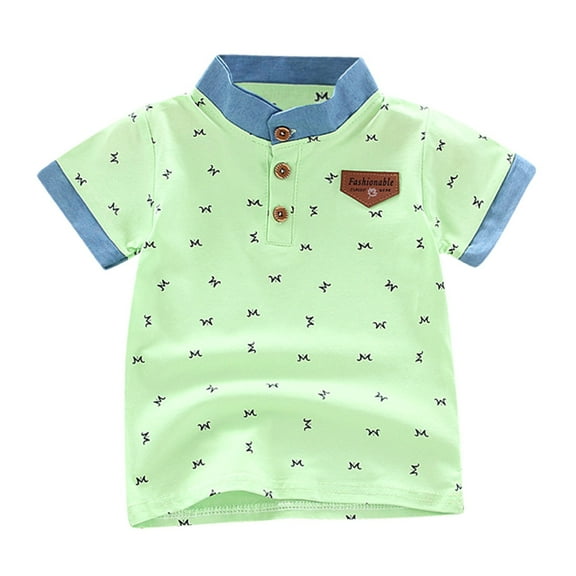 Huowey Girls Tops Stand Collar Button Cute Cartoon Print Short Sleeve Tee Top Stylish Gentleman Shirts Soft Fall Clothes,Green,2-3 Years